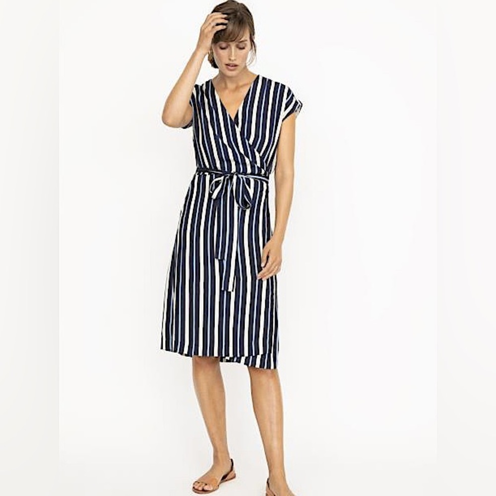 PART TWO Rachel Navy & cream striped v neck short sleeve midi wrap tie dress NWT